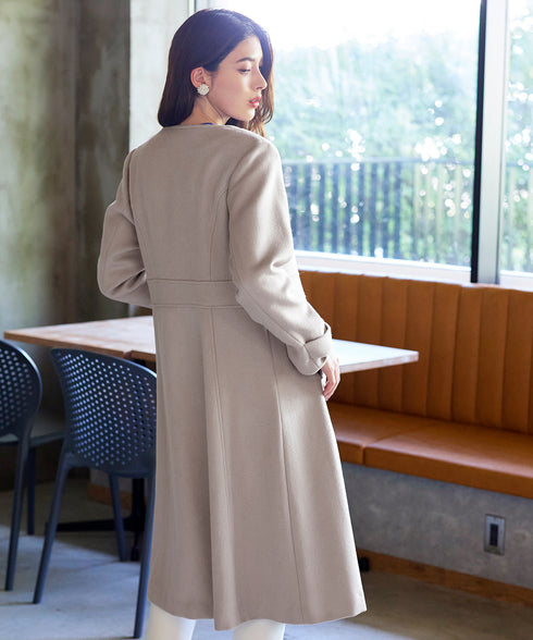 【ウール95%】ノーカラー包みボタンAラインコート