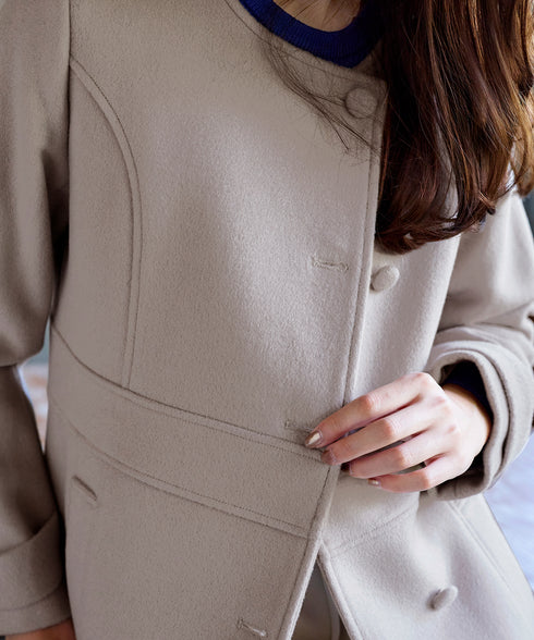 【ウール95%】ノーカラー包みボタンAラインコート