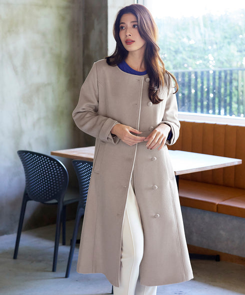 【ウール95%】ノーカラー包みボタンAラインコート