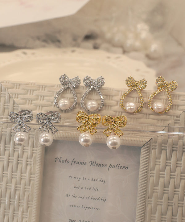 【金属アレルギー対応/選べる2タイプ】リボン+パールピアス