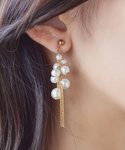 パール+タッセルチェーンピアス