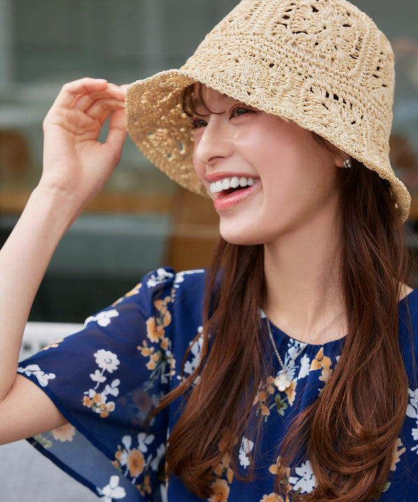 クロシェ柄編みバケットハット