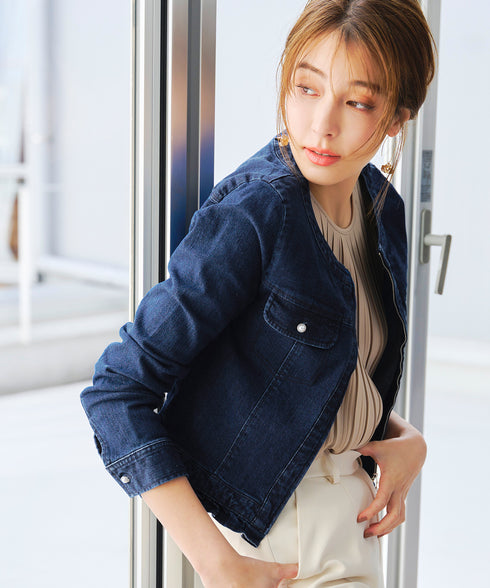 ノーカラーデニムジャケット