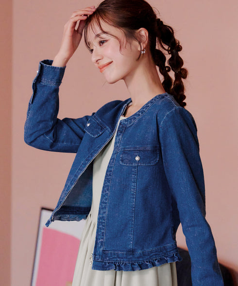 ノーカラーデニムジャケット