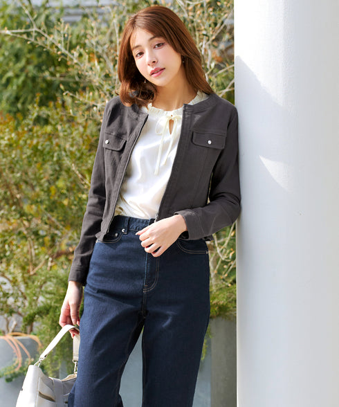 ノーカラーデニムジャケット