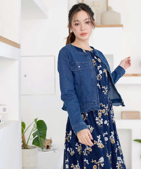 ノーカラーデニムジャケット