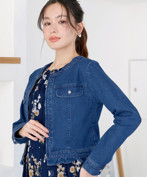 ノーカラーデニムジャケット