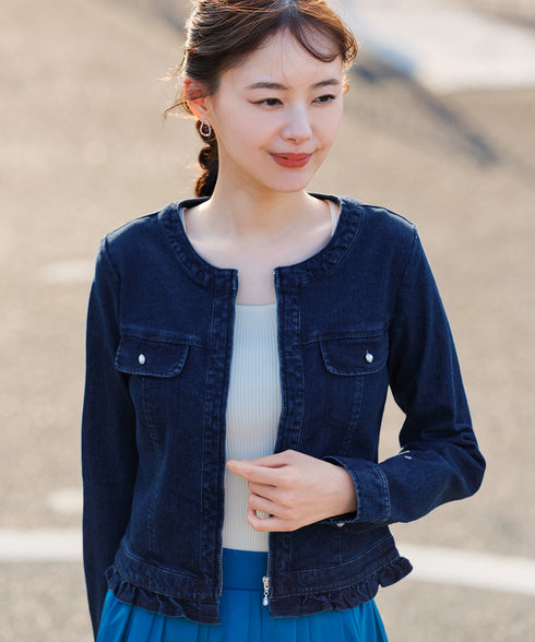 ノーカラーデニムジャケット