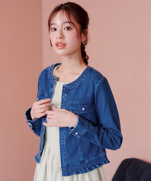 ノーカラーデニムジャケット