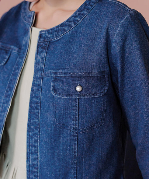 ノーカラーデニムジャケット