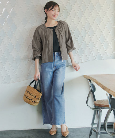 麻調襟ギャザーシアーブルゾン