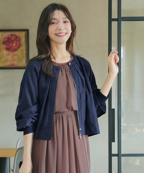 麻調襟ギャザーシアーブルゾン