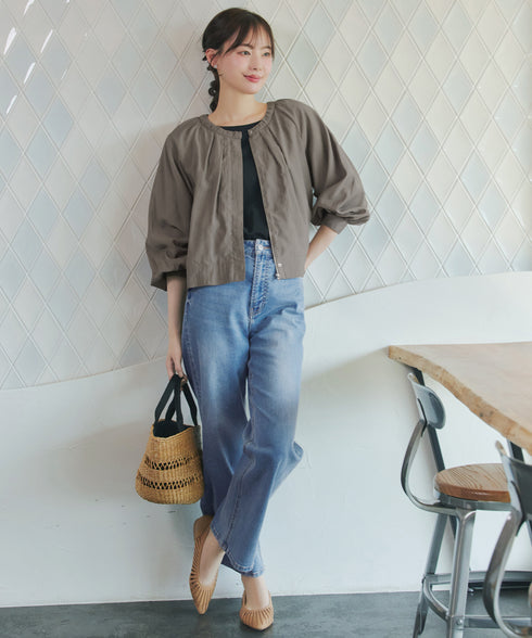 麻調襟ギャザーシアーブルゾン