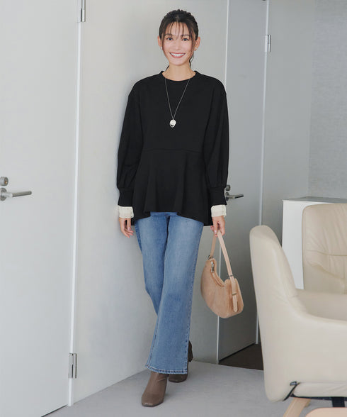 【吸水発熱】袖口ドッキングカットソープルオーバー