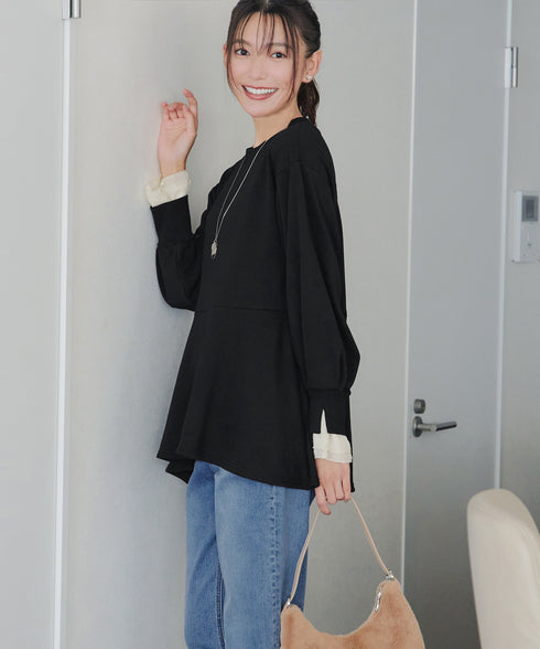 【吸水発熱】袖口ドッキングカットソープルオーバー