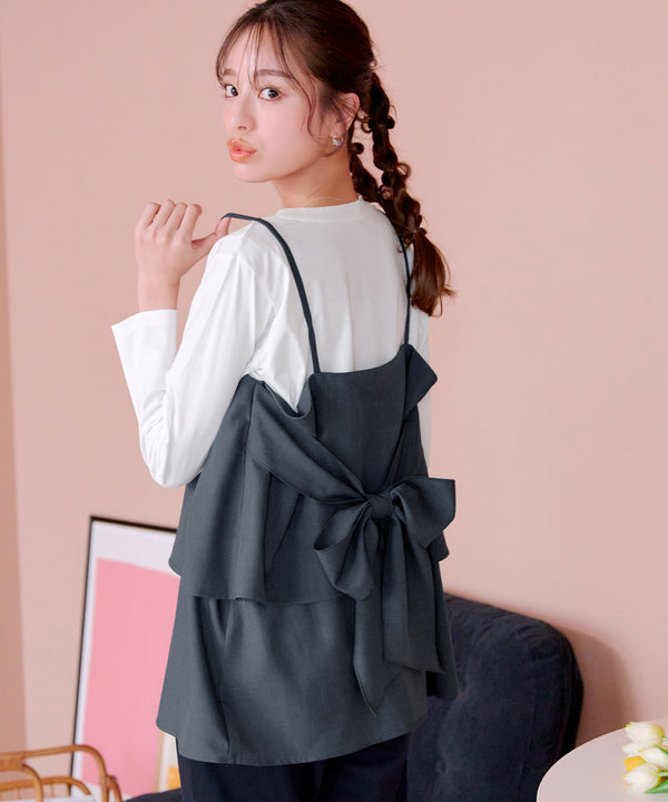 【クリアランスセール】リボンキャミドッキングカットソートップス