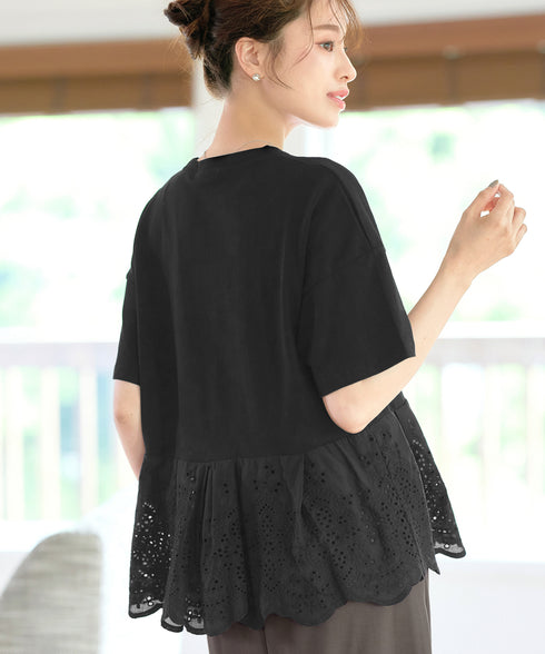 刺繍レースドッキングカットソートップス