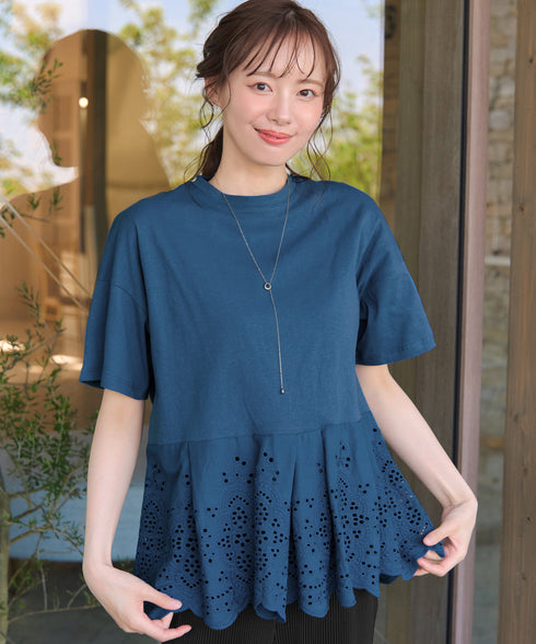 刺繍レースドッキングカットソートップス