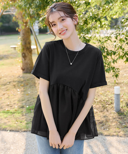 【おのののかさん着用】 「サマケア」ストライプチュール切り替えトップス
