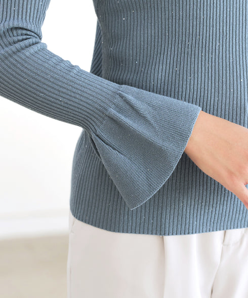 【クリアランスセール】スパンコールハイネックリブニットトップス