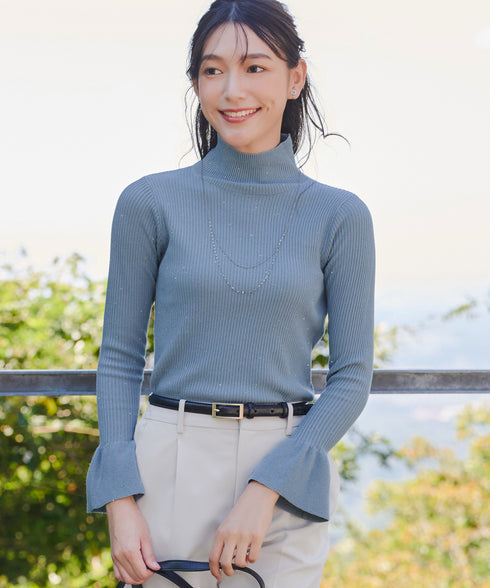 【クリアランスセール】スパンコールハイネックリブニットトップス