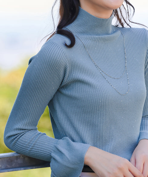 【クリアランスセール】スパンコールハイネックリブニットトップス