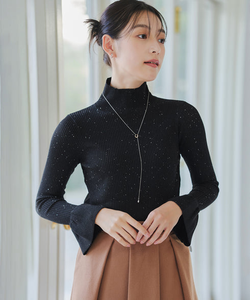 【クリアランスセール】スパンコールハイネックリブニットトップス