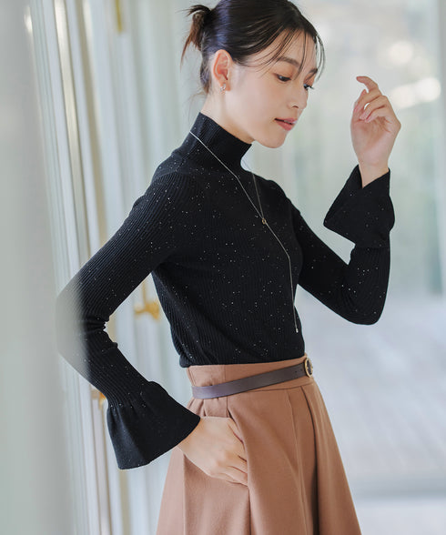 【クリアランスセール】スパンコールハイネックリブニットトップス