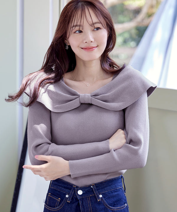 【アウトレット】リボン衿リブニットトップス