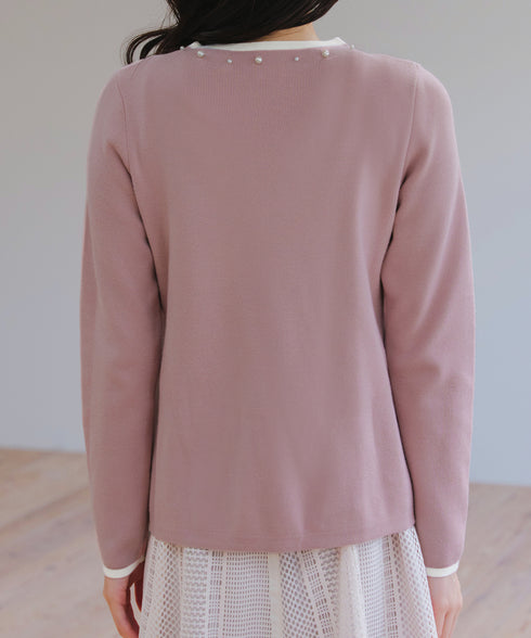 【クリアランスセール】襟パール配色ニットトップス