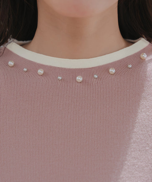 【クリアランスセール】襟パール配色ニットトップス