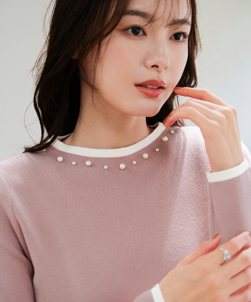 【クリアランスセール】襟パール配色ニットトップス
