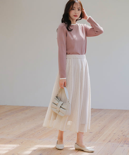 【クリアランスセール】襟パール配色ニットトップス