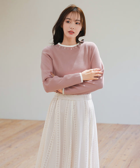 【クリアランスセール】襟パール配色ニットトップス