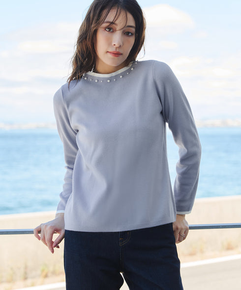 【クリアランスセール】襟パール配色ニットトップス