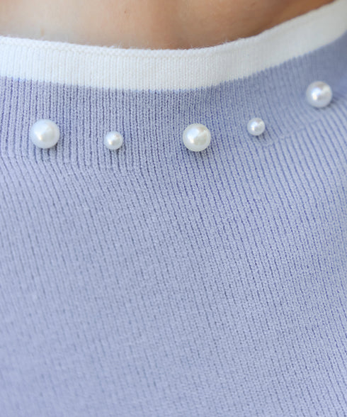 【クリアランスセール】襟パール配色ニットトップス