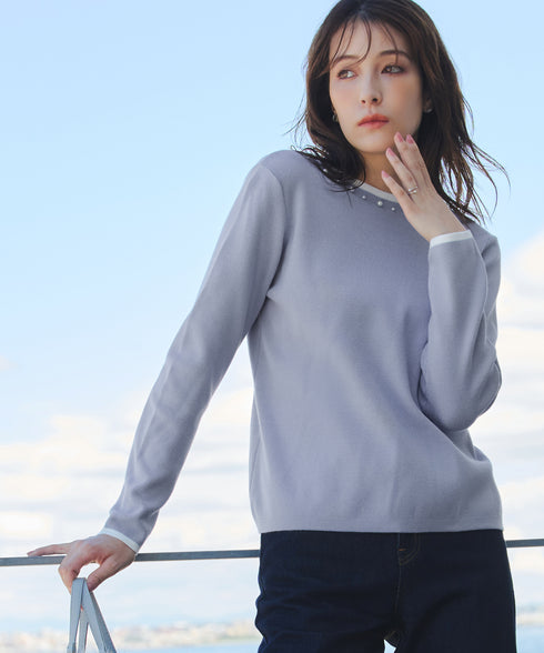 【クリアランスセール】襟パール配色ニットトップス