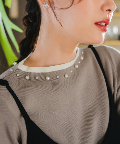 【クリアランスセール】襟パール配色ニットトップス