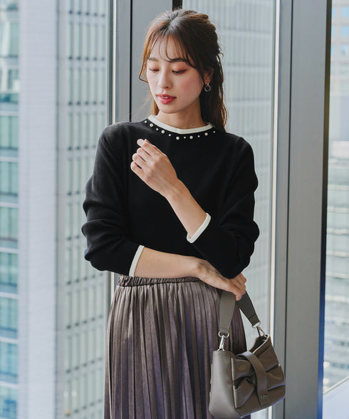 【クリアランスセール】襟パール配色ニットトップス