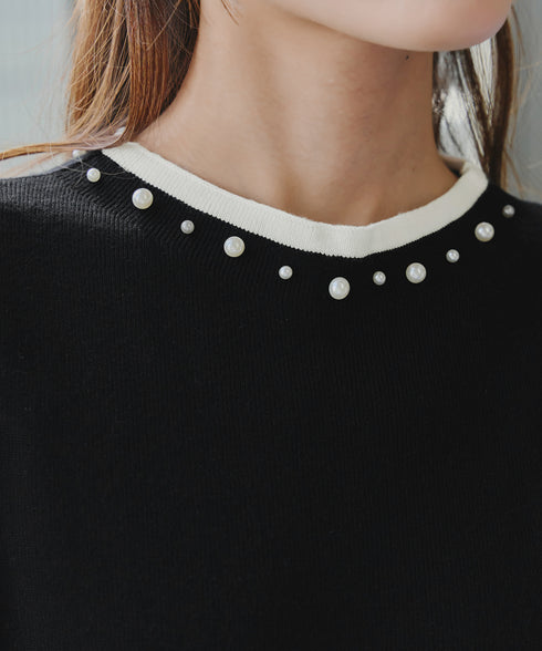 【クリアランスセール】襟パール配色ニットトップス