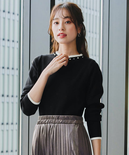 【クリアランスセール】襟パール配色ニットトップス