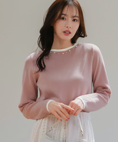 【クリアランスセール】襟パール配色ニットトップス