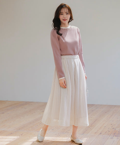 【クリアランスセール】襟パール配色ニットトップス