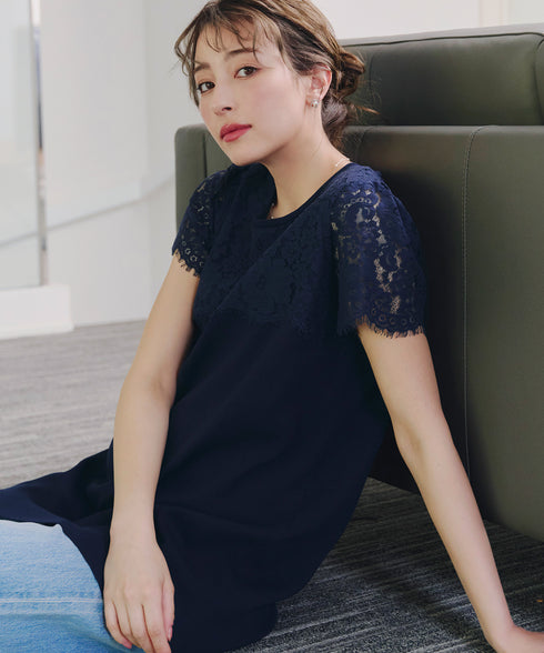 レースコンビフレンチスリーブニットチュニック