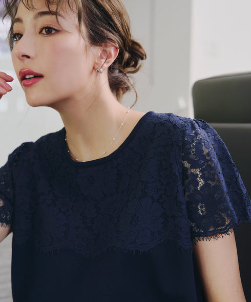 レースコンビフレンチスリーブニットチュニック