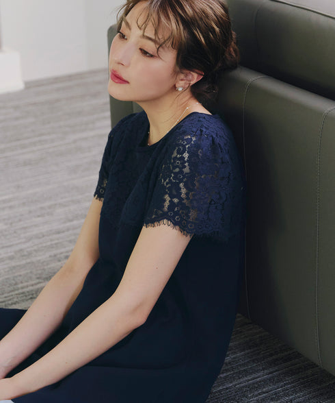 レースコンビフレンチスリーブニットチュニック