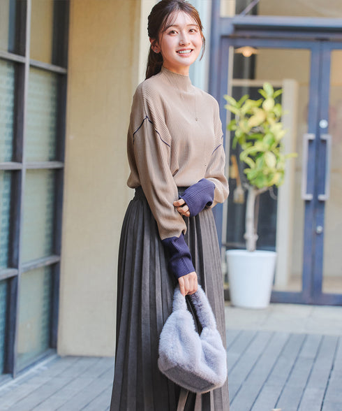 配色スリーブリブニットトップス