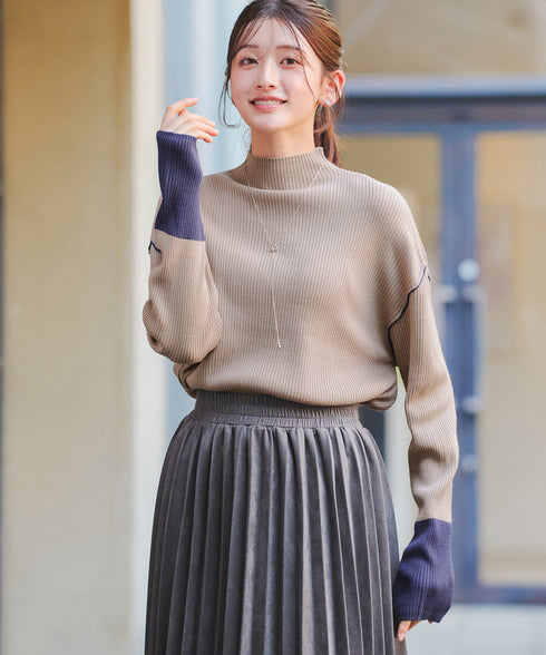 配色スリーブリブニットトップス