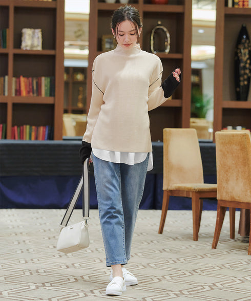 配色スリーブリブニットトップス