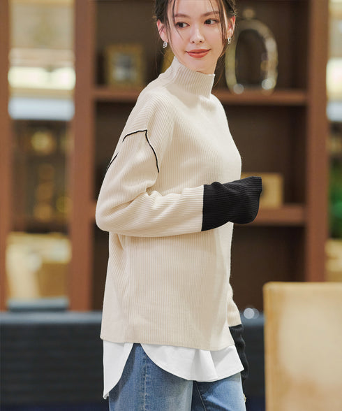 配色スリーブリブニットトップス